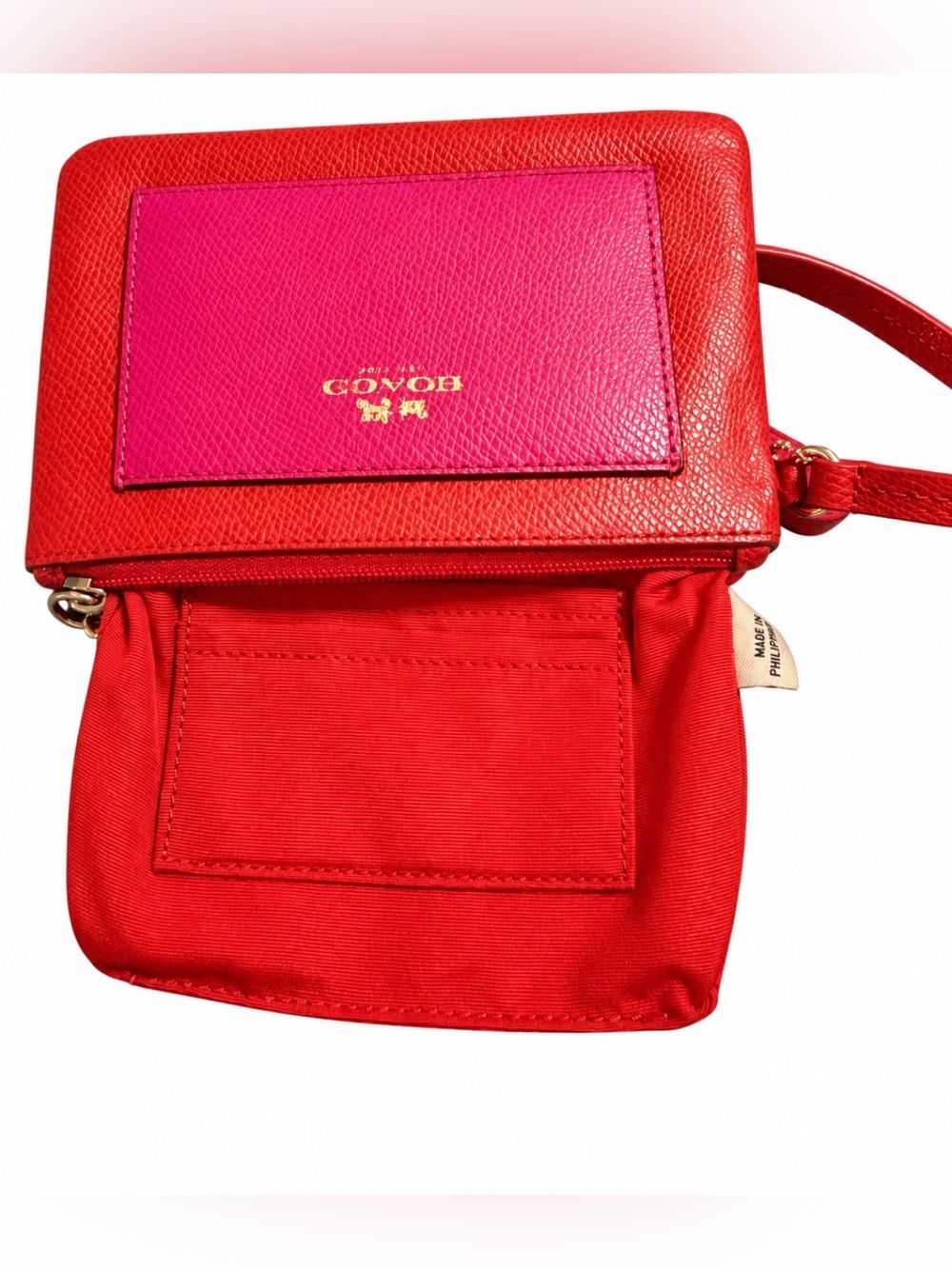 Coach F53142 Red Pink Colorblock Crossgrain Leather Wristlet Gold Hardware - Picture 7 of 9